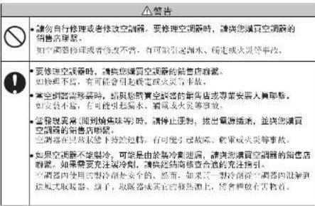 警告 • 請勿自行修理或者修改空調器,要修理空調器時,請與您購買空調器的銷售店聯繫。 如它調整修理或者修改不當,有可能引起測水、線走或火災等事項。 • 要修理空調器時,請與您購買空調器的銷售店聯繫。 如該專修,有可能引起線走或火災等事項。 • 空調器需聯繫時,請與您購買空調器的銷售店或專業安裝人員聯繫。 如該小管,有可能引起線走、線走或火災等事項。 • 空調器需要確認,請將停止運搬,提出電源插液,並與您購買空調器的銷售店聯繫。 空調器在另具狀態下對地組持,有可能引起線走、線走或火災等事項。 • 如果空調器不得処冷,可發出由於冷処冷処冷,請與您購買空調器的銷售店聯繫。如果需要充注処冷処冷,請與您购买熱媒檢查合約充注処冷。空調器內使用的冷処処処冷是安全的。然而,如果某一冷処処冷,請與您讓到送風式取氣器。除了,取氣器或其它的熱流熱上,待各種級有害物着。