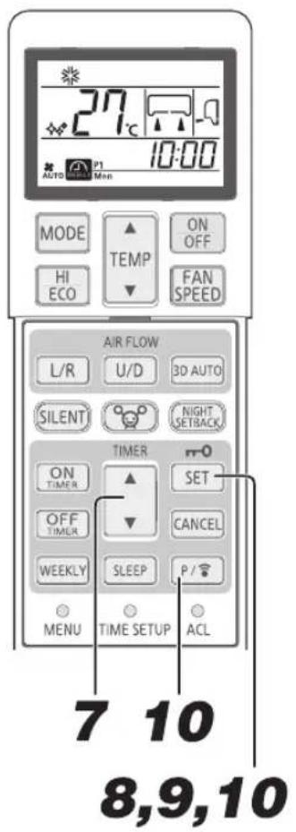 27°C 10:00 AUTO Mon MODE TEMP ON OFF HI ECO FAN SPEED AIR FLOW L/R U/D 3D AUTO SILENT NIGHT SETBACK TIMER ON TIMER SET OFF TIMER CANCEL WEEKLY SLEEP P / MENU TIME SETUP ACL 7 10 8,9,10