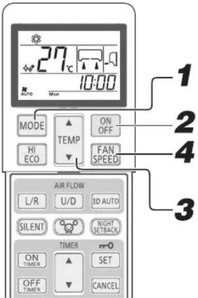 27°C 10:00 AUTO Mon MODE TEMP ON OFF HI ECO FAN SPEED AIR FLOW L/R U/D 3D AUTO SILENT NIGHT SETBACK TIMER ON TIMER SET OFF TIMER CANCEL 1 2 4 3