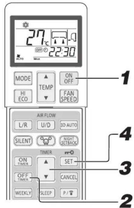 27°C OFF 22:30 AUTO Mon MODE TEMP ON OFF HI ECO FAN SPEED AIR FLOW L/R U/D 3D AUTO SILENT NIGHT SETBACK TIMER ON TIMER SET OFF TIMER CANCEL WEEKLY SLEEP P / 1 4 3 2