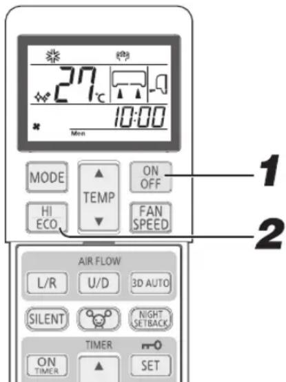 27°C 10:00 Mon MODE TEMP ON OFF HI ECO FAN SPEED AIR FLOW L/R U/D 3D AUTO SILENT NIGHT SETBACK TIMER ON TIMER SET 1 2