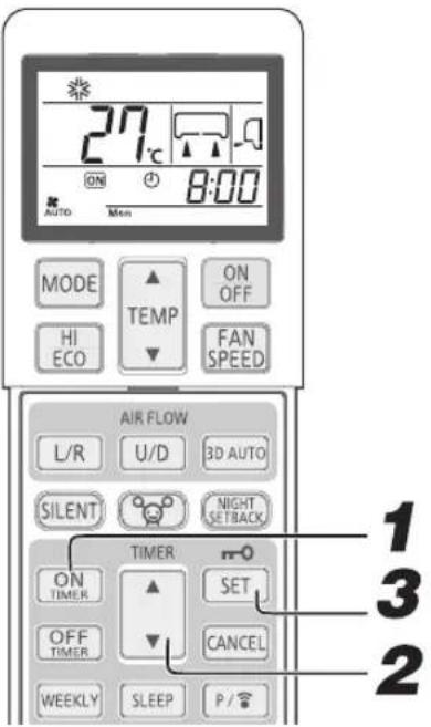 27°C ON 8:00 AUTO Men MODE TEMP ON OFF HI ECO FAN SPEED AIR FLOW L/R U/D 3D AUTO SILENT NIGHT SETBACK TIMER ON TIMER SET OFF TIMER CANCEL WEEKLY SLEEP P/Hz 1 3 2
