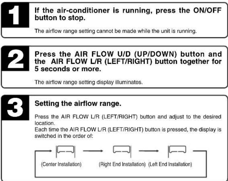 1 If the air-conditioner is running, press the ON/OFF button to stop. The airflow range setting cannot be made while the unit is running. 2 Press the AIR FLOW U/D (UP/DOWN) button and the AIR FLOW L/R (LEFT/RIGHT) button together for 5 seconds or more. The airflow range setting display illuminates. 3 Setting the airflow range. Press the AIR FLOW L/R (LEFT/RIGHT) button and adjust to the desired location. Each time the AIR FLOW L/R (LEFT/RIGHT) button is pressed, the display is switched in the order of: (Center Installation) (Right End Installation) (Left End Installation)