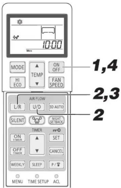 10:00 Mon MODE TEMP ON OFF HI ECO FAN SPEED AIR FLOW L/R U/D 3D AUTO SILENT NIGHT SETBACK TIMER ON TIMER SET OFF TIMER CANCEL WEEKLY SLEEP P / MENU TIME SETUP ACL 1,4 2,3 2