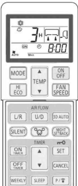 3H ON 8:00 AUTO Mon MODE ▲ ON TEMP FAN HI ECO SPEED AIR FLOW L/R U/D 3D AUTO SILENT NIGHT SETBACK TIMER m-0 ON TIMER SET OFF TIMER CANCEL WEEKLY SLEEP P / ℉