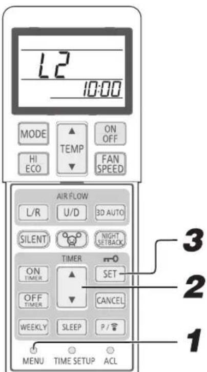 L2 10:00 MODE TEMP ON OFF HI ECO FAN SPEED AIR FLOW L/R U/D 3D AUTO SILENT NIGHT SETBACK TIMER m-0 ON TIMER SET OFF TIMER CANCEL WEEKLY SLEEP P / MENU TIME SETUP ACL 3 2 1