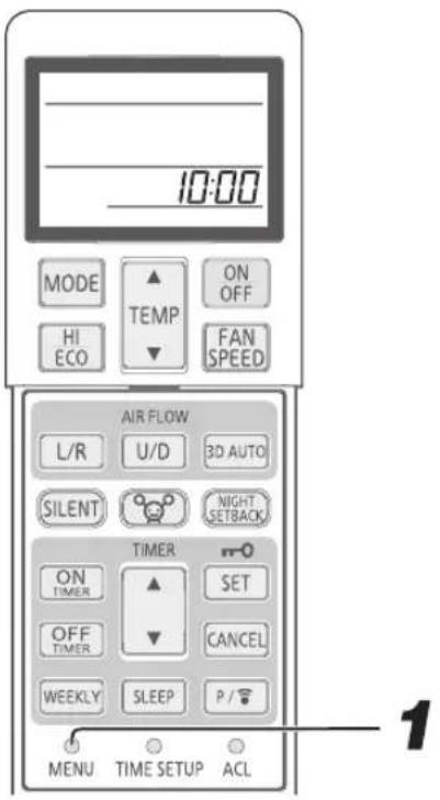 10:00 MODE TEMP ON OFF HI ECO FAN SPEED AIR FLOW L/R U/D 3D AUTO SILENT NIGHT SETBACK TIMER ON TIMER SET OFF TIMER CANCEL WEEKLY SLEEP P / MENU TIME SETUP ACL 1