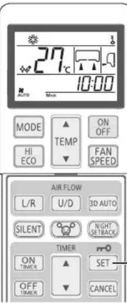 27°C 10:00 AUTO Mon MODE ▲ ON OFF HI ECO ▼ FAN SPEED AIR FLOW L/R U/D 3D AUTO SILENT NIGHT SETBACK TIMER ON TIMER ▲ SET OFF TIMER CANCEL
