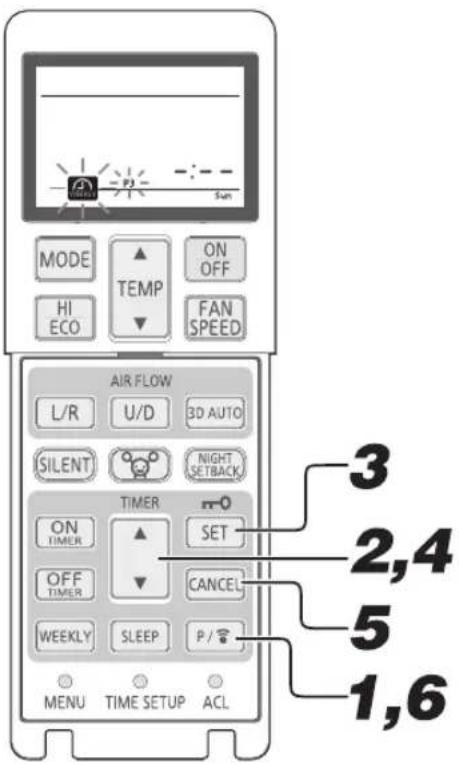MODE HI ECO TEMP ON OFF FAN SPEED AIR FLOW L/R U/D 3D AUTO SILENT NIGHT SETBACK ON TIMER SET OFF TIMER CANCEL WEEKLY SLEEP P / MENU TIME SETUP ACL 3 2,4 5 1,6
