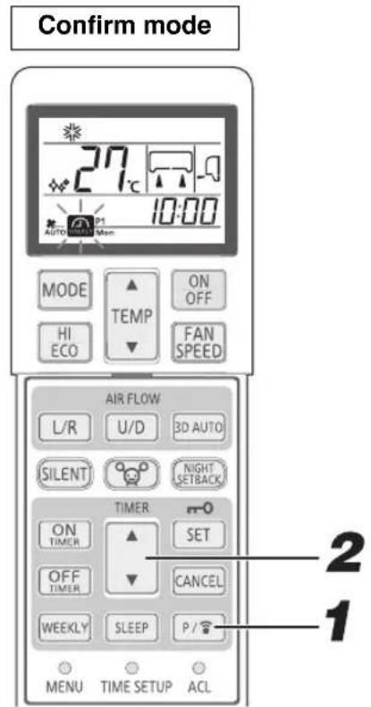 Confirm mode 27°C 10:00 AUTO Mon MODE ▲ ON OFF HI ECO ▼ FAN SPEED AIR FLOW L/R U/D 3D AUTO SILENT ● NIGHT SETBACK TIMER ON TIMER ▲ SET OFF TIMER ▼ CANCEL WEEKLY SLEEP P / MENU TIME SETUP ACL 2 1