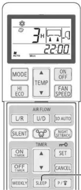 3H 22:00 AUTO Mon MODE TEMP ON OFF HI ECO FAN SPEED AIR FLOW L/R U/D 3D AUTO SILENT NIGHT SETBACK TIMER ON TIMER SET OFF TIMER CANCEL WEEKLY SLEEP P/9