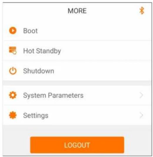 MORE Boot Hot Standby Shutdown System Parameters > Settings LOGOUT