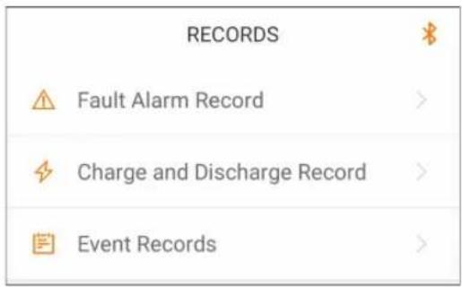 RECORDS Fault Alarm Record > Charge and Discharge Record > Event Records >