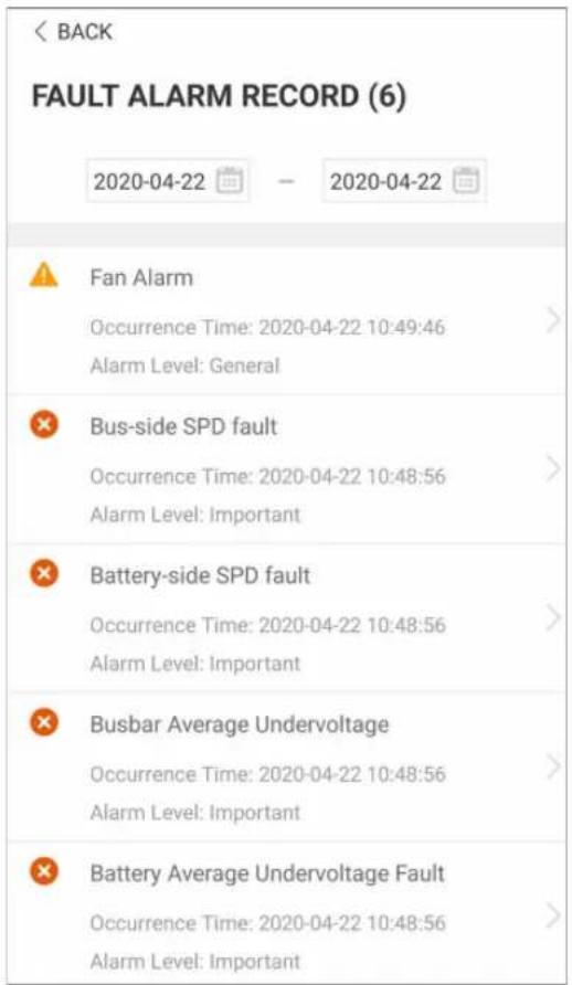 < BACK FAULT ALARM RECORD (6) 2020-04-22 - 2020-04-22 Fan Alarm Occurrence Time: 2020-04-22 10:49:46 > Alarm Level: General Bus-side SPD fault Occurrence Time: 2020-04-22 10:48:56 > Alarm Level: Important Battery-side SPD fault Occurrence Time: 2020-04-22 10:48:56 > Alarm Level: Important Busbar Average Undervoltage Occurrence Time: 2020-04-22 10:48:56 > Alarm Level: Important Battery Average Undervoltage Fault Occurrence Time: 2020-04-22 10:48:56 > Alarm Level: Important