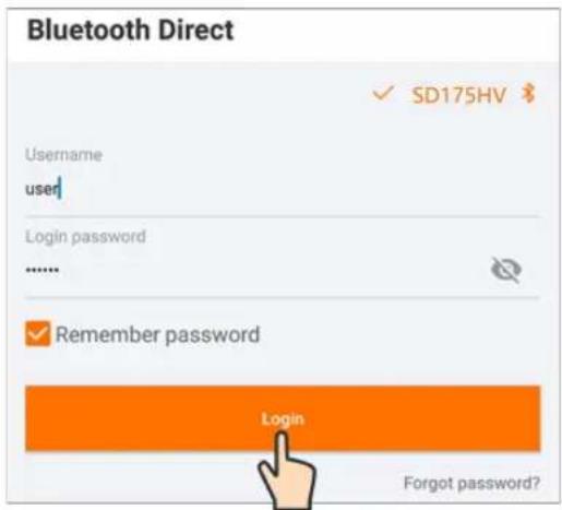 Bluetooth Direct ✓ SD175HV Username user Login password ...... ✓ Remember password Login Forgot password?