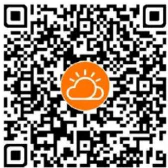 QR code with an orange circular logo containing a sun and cloud icon in the center.