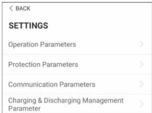 < BACK SETTINGS Operation Parameters > Protection Parameters > Communication Parameters > Charging & Discharging Management Parameter >