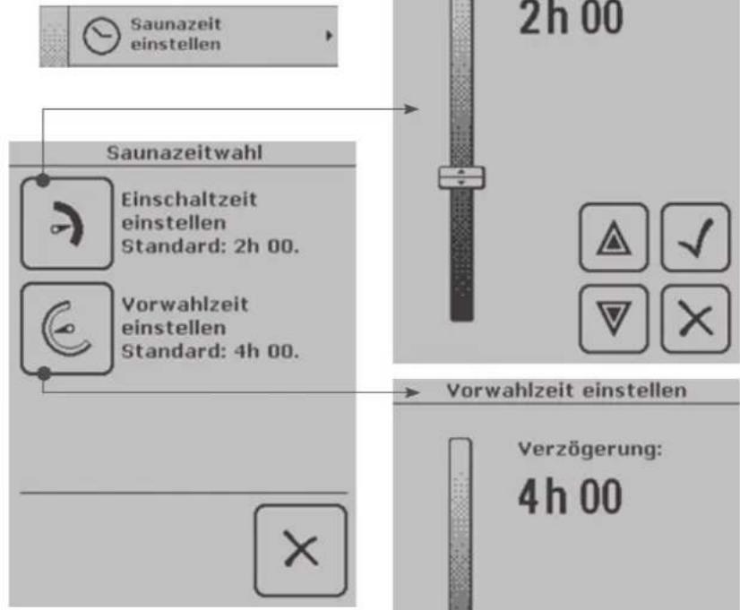 Saunazeit einstellen 2h 00 Saunazeitwahl Einschaltzeit einstellen Standard: 2h 00. Vorwahlzeit einstellen Standard: 4h 00. Vorwahlzeit einstellen Verzögerung: 4h 00