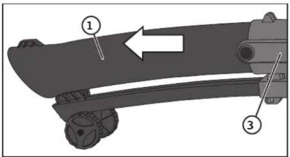 Technical diagram of a mechanical device with numbered components and directional arrow indicating motion or flow
