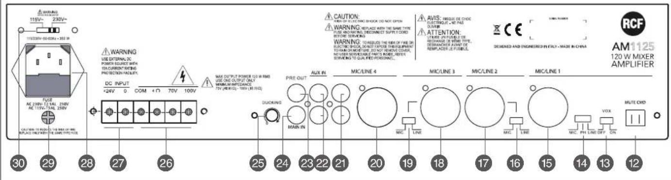 WARNING 115V~ 230V~ 115/20V-50-EDU-352 W FUSE AC 230V-12 THAL 230V AC 115V-THAL 230V CAUTION TO REVE IT THE RED OF WM REPLAID ON/OFFER THE SAME PRICE WARNING USE EXTERNAL DC POWER SOUNGE WITH TOCCURRENT REFERENCE PROTECTION FACILITY DC INPUT +24V 0 COM +O 70V 100V MAX OUTPUT POWER 120 W RMS USE ONE OUTPUT ONLY MINIMUM IMPEDANCE 75V (MRC) - 100V (MRC) 100V CAUTION: WARNING: REPLACE WITH THE SAME TYPE FUSE AND RATING, DISCONNECT SUPPLY CORD BEFORE SWITCHERS. WARNING: RESETDUT THE RED OF WM OR ELECTRIC SHOCK, OINT OUTPER THE EQUIPMENT TOCOM IN MODE, DO NOT REMOVE COVER, NO USB SERVICEABLE PARTS MODEL, AFTER SPRING TO QUALIFIED PERSONNEL. AVIS: INSIDE DE CHOC ELECTRIQUE - NE PAS QUIPER. ATTENTION: LARGE IN FLOW IN DE RECHANGE OF MAIN TYPE, DEBRANCHER AVANT DE REMPLACER LE PUMBLE. DESIGNED AND ENGINEER IN ITALY - MADE IN CHINA RCF AM 1125 120 W MIXER AMPLIFIER 30 29 28 27 26 PRE OUT MIC/LINE 4 MIC/LINE 3 MIC/LINE 2 MIC/LINE 1 QUICKING MAIN IN 25 24 23 22 21 20 19 18 17 16 15 14 13 12 MIC LINE MIC LINE MIC PHL LINE DIFF ON VOX MUTE CMD