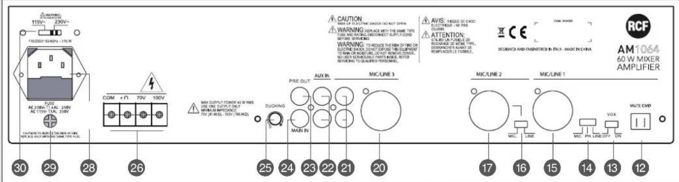 WARNING 119V~ 230V~ 115/220V-52-40V~ 170W FUSE AC 238G-T1 AAL 25HV AC 119V-TAL 25HV CAUTION TO BEAT THE METER ON FIRE REPLACES WITHOUT THE NAME TYPE FUSE COM 4Ω 70V 100V 30 29 28 26 CAUTION: MAKE OF ELECTRIC SHOCK DO NOT SPIN WARNING: REPLACE WITH THE NAME TYPE FUSE AND HAVING DECONNECT SUPPLY COGS BEFORE SERVICING WARNING: TO REMOVE THE RANK OF PRE OR ELECTRIC SHOCK DESTINCT EXPOSED THIS ELEMENT TO RANK OR MOBILITY, DO NOT REMOVE DOWN, NO ORDER SERVICING PARTS MODE, REVERSE SERVICING TO QUALIFIED PERSONNEL. MAX OUTPUT POWER TO WIRMS USE ONE OUTPUT ONLY MINIMUM IMPEDANCE 70V (R1 M.D.): -10% (MINI.M.D.) DUCKING PRE OUT MAIN IN AUX IN MIC/LINE 3 25 24 23 22 21 20 MIX/LINE 2 MIC/LINE 1 MIC LINE MIC PH LINE OFF ON VOX MUTE CMD 17 16 15 14 13 12 RCF DOMINED AND ENMENTED IN ITALY - MADE IN CHINA AM1064 60 W MIXER AMPLIFIER