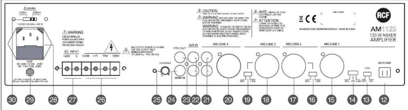 WARNING 115V~ 230V~ 115/30V-50-CEHU - 300 V FUSE AC 230V-1.7AL 230V AC 115V-7AL 230V CAUTION: WARNING USE EXTERNAL DC POWER SOURCE WITH ISCAUIRE REBEING PROTECTION/MULTURE. DC INPUT +24V 0 COM +Ω 70V 100V MAX OUTPUT POWER 120 W RMS USE ONE OUTPUT ONLY MINIMUM IMPRESSION 70V (MINI-CL 100V MAX) PRE OUT MAIN IN DUCKING AUX IN MIC/LINE 4 MIC/LINE 3 MIC/LINE 2 MIC/LINE 1 MIC LINE MIC LINE MIC PH LINE OFF ON AVIS: INSUE DE CHOC ELECTRIQUE - NE PAS CURVE ATTENTION: STUBE UN FUSIBLE DE RECHANGES DE VINE TYPE, DEMANCHER AVANT DE REPLACEMENT LE PUSIBLE. DESIGNED AND ENGINEERED IN ITALY - MADE IN CHINA RCF AM1125 120 W MIXER AMPLIFIER 30 29 28 27 26 25 24 23 22 21 20 19 18 17 16 15 14 13 12