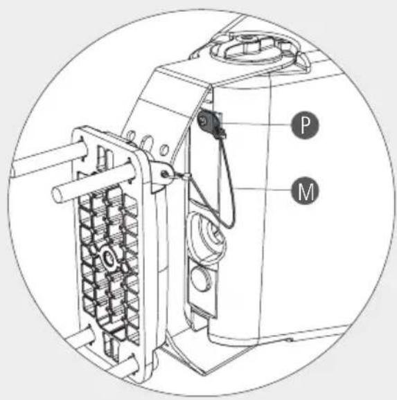 Technical diagram of a mechanical device with labeled parts P and M, showing internal components like gears and housing.