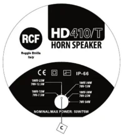 RCF Reggie Emilia Italy HD410/T HORN SPEAKER CE IP-66 100V-2.5W 70V-12.5W 100V-1.5W 70V-7.5W 100V-3.0W 70V-1.5W 100V-5.0W 70V-2.5W 70V-5.0W NOMINAL/MAX POWER: 50W/7.5W C