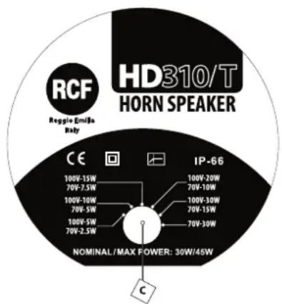 RCF Reggie Emilia Ruby HD310/T HORN SPEAKER CE IP-66 100V-15W 70V-7.5W 100V-10W 70V-5W 100V-5W 70V-2.5W 100V-20W 70V-10W 100V-30W 70V-15W 70V-30W NOMINAL/MAX POWER: 30W/45W C