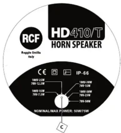 RCF Reggie Emilia Italy HD410/T HORN SPEAKER CE IP-66 100V-25W 70V-12.5W 100V-15W 70V-7.5W 100V-30W 70V-15W 100V-50W 70V-25W 70V-50W NOMINAL/MAX POWER: 50W/75W C