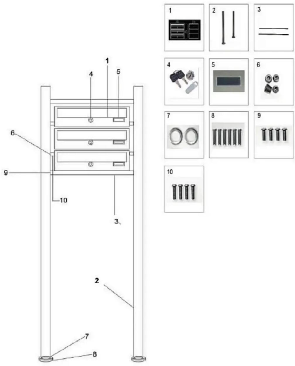 Technical diagram of a server rack with numbered components and corresponding exploded view images showing internal components and parts.
