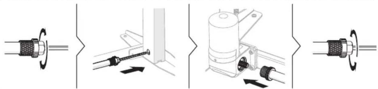 Diagram illustrating four stages of mechanical assembly: rotating, connecting rod, mounting bracket, and rotating component.