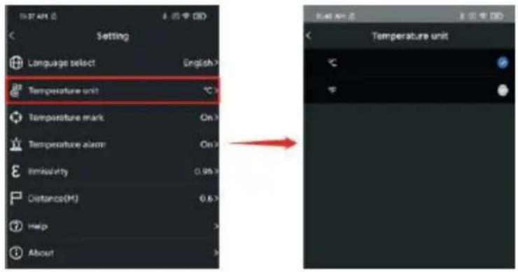 Setting Language select English Temperature unit Temperature mark On Temperature alarm On Remissivity 0.95% Distance(M) 0.6% Help About Temperature unit < < < < < < < < < < < < < < < < < < < < < < < < < < < < < < < < < < < < < < < < < < < < < < < < < < < 8.3 Temperaturmarke Die Benutzer können die Marke für maximale Temperatur, die Marke für minimale Temperatur und die Mittelmarke einstellen. Nach dem Einschalten dieser Marken werden entsprechende Marken (Marke für maximale Temperatur: rot, Marke für minimale Temperatur: grün, Mittelmarke: ein zentraler Kreuzcursor) auf der Hauptschnittstelle angezeigt. Wenn diese Marken nicht eingeschaltet sind, wird es auf der Hauptschnitte nur den Schieberegler für die Temperaturverteilung angezeigt, wie es in der nachstehenden Abbildung gezeigt. text_image Setting Language select English > Temperature unit °C Temperature mark On > Temperature alarm On > Emissivity 0.95 > Distance(M) 0.6 > Help > About > Temperature mark Max temp Mark Min temp Mark Center Mark Temperature mark 26.0°C 42.9 34.7 34.7 35.8 41.0 25.8