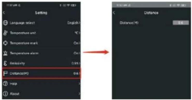 Setting Language select English Temperature unit °C Temperature mark On Temperature alarm On Reliability 0.95 Distance(M) 0.6 Help About Distance Distance(M) 8.6