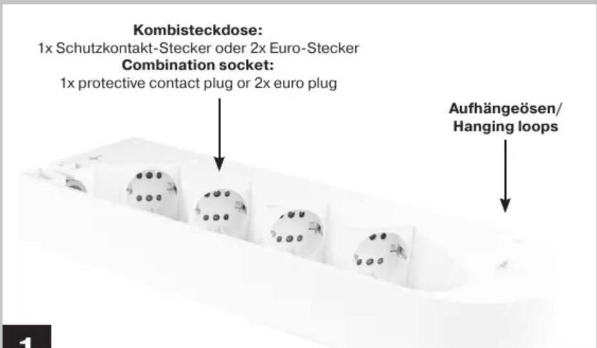 Kombisteckdose: 1x Schutzkontakt-Stecker oder 2x Euro-Stecker Combination socket: 1x protective contact plug or 2x euro plug Aufhängeösen/ Hanging loops