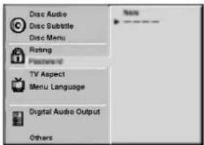 Disc Audio Disc Subtitle Disc Menu Rating Password TV Aspect Menu Language Digital Audio Output Others