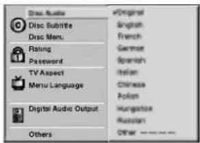 Disc Audio Disc Subtitle Disc Menu Rating Password TV Aspect Menu Language Digital Audio Output Others #Original English French German Spanish Italian Chinese Polish Hungarian Russian Other