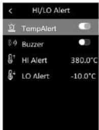 HI/LO Alert TempAlert Buzzer HI Alert 380.0°C LO Alert -10.0°C