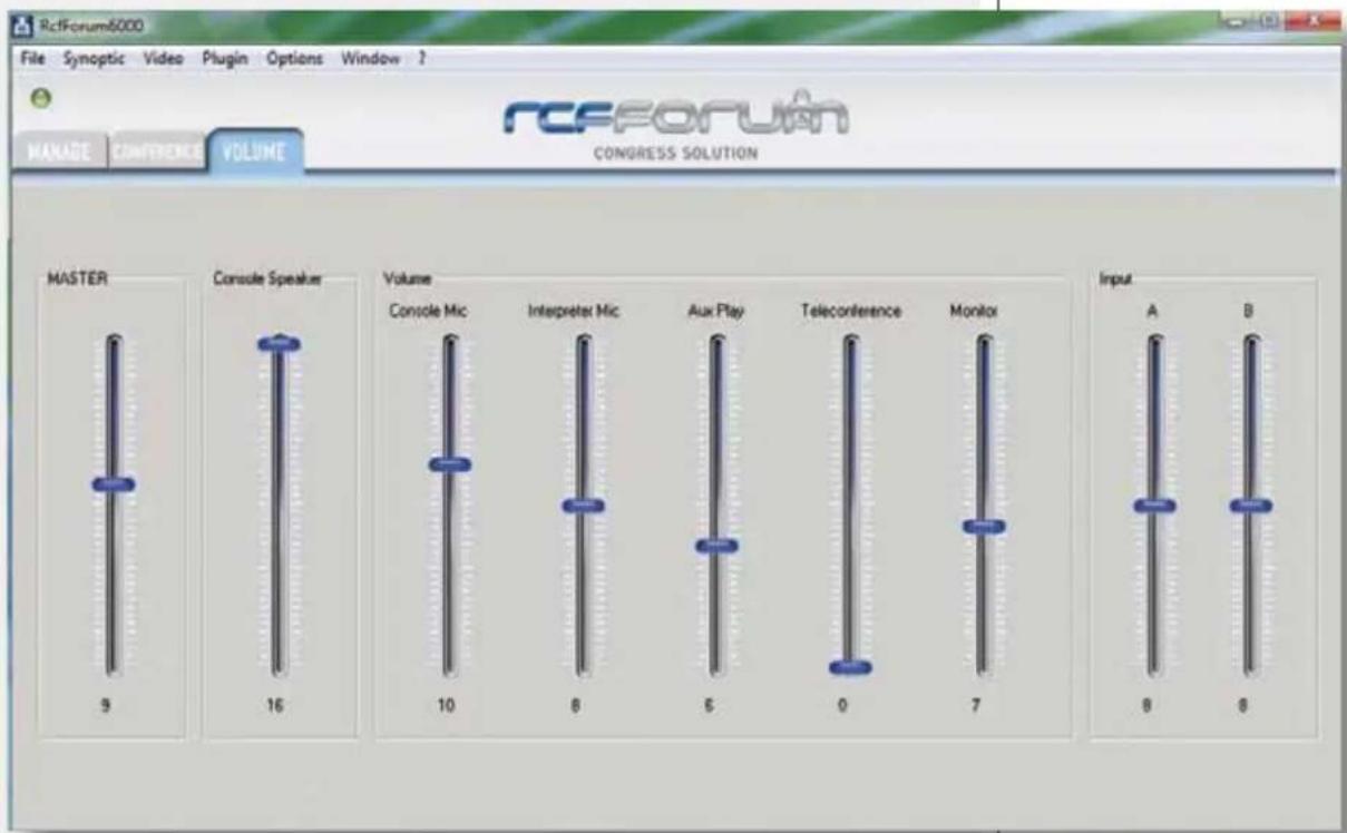 RcFForum6000 File Synoptic Video Plugin Options Window ? MANAGE CONFERENCE VOLUME RCFFORUM CONGRESS SOLUTION MASTER Console Speaker Volume Console Mic Interpreter Mic Aux Play Teleconference Monitor Input A B 9 16 10 8 6 0 7 8 8