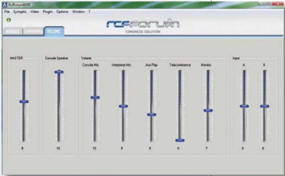 RcFForum6000 File Synoptic Video Plugin Options Window ? MANAGE CONFERENCE VOLUME RCFFORUM CONGRESS SOLUTION MASTER Console Speaker Volume Console Mic Interpreter Mic Aux Play Teleconference Monitor Input A B 9 16 10 8 6 0 7 8 8