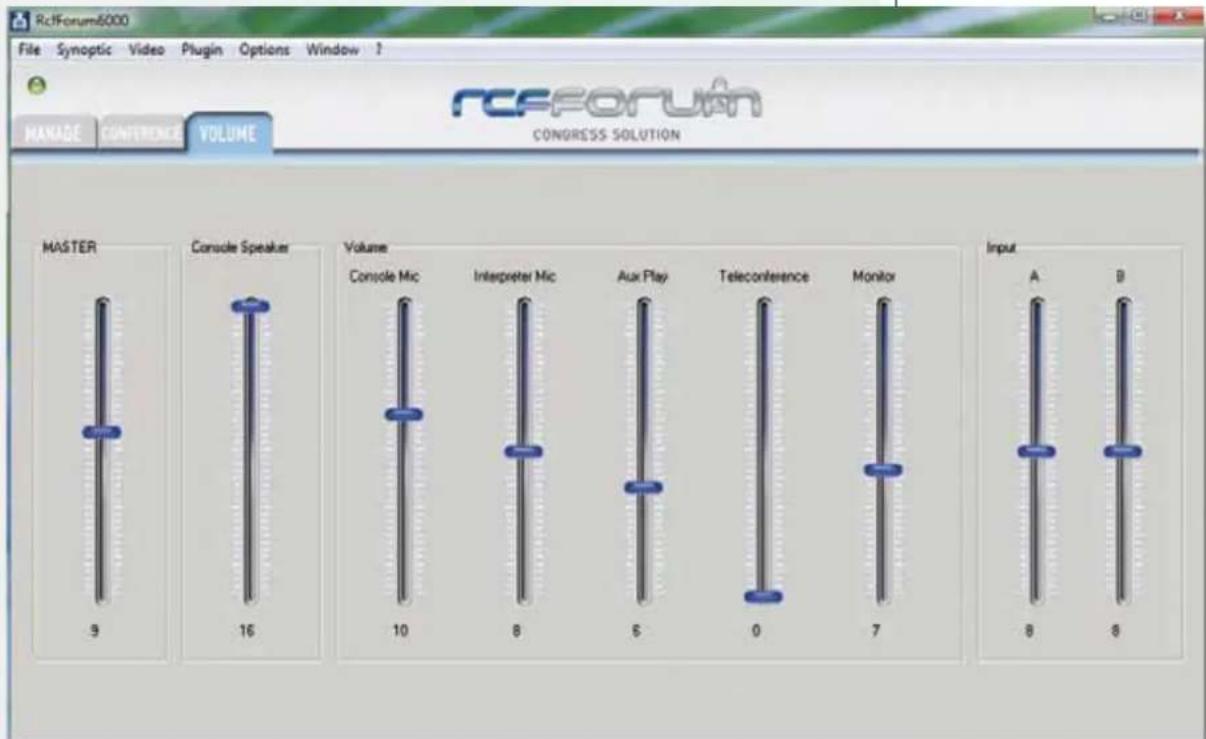 RcFForum6000 File Synoptic Video Plugin Options Window ? MANAGE CONFERENCE VOLUME RCFFORUM CONGRESS SOLUTION MASTER Console Speaker Volume Console Mic Interpreter Mic Aux Play Teleconference Monitor Input A B 9 16 10 8 6 0 7 8 8