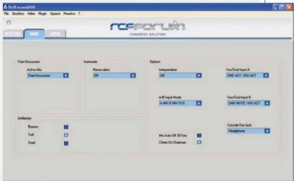 RcFForum4000 File Snottico Video Plug Options Fndstra ? RcFForum CONGRESS SOLUTION Free Discussion Active Mix Free Discussion Automatic Reservation Off Options Interpretation Off View/Cond Input A CMD ACT, VEX ACT A/B Input Mode A MOLB MIX SYS View/Cond Input B CMD MUTE, VEX ACT Anti-ampen Bypass Soft Hard Console Out Jack Headphone Mic Auto Off 30 Sec Chase On Chairman