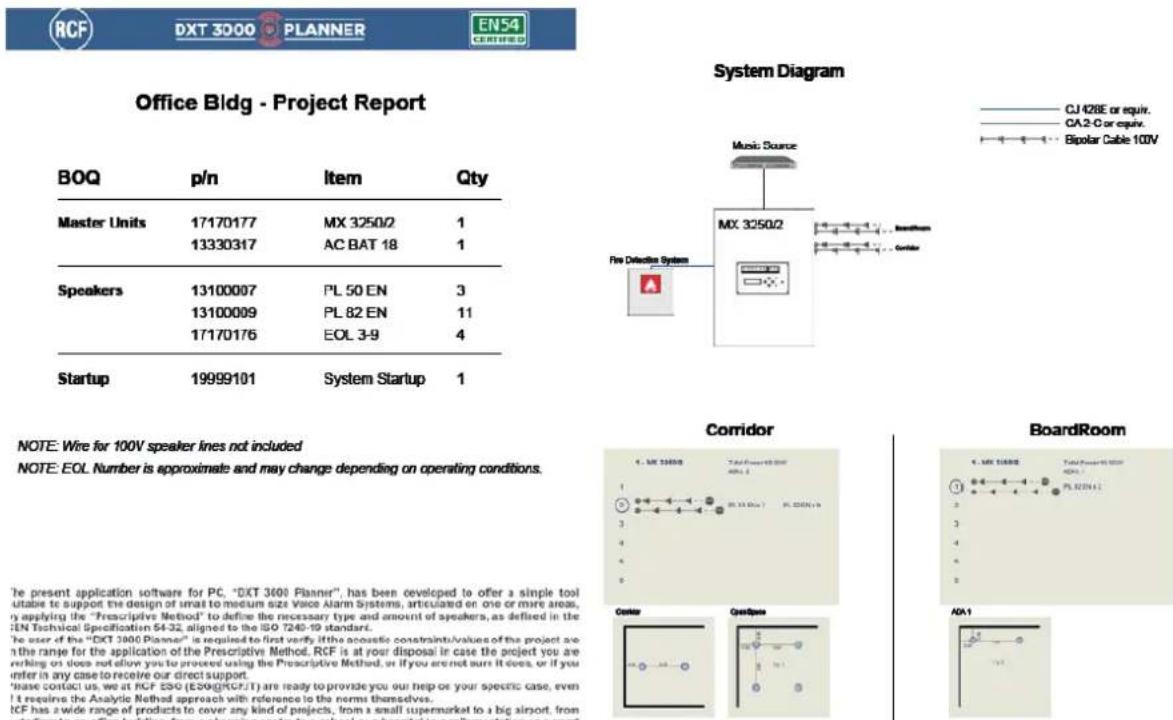 Office Bldg - Project Report BOQ p/n Item Qty Master Units 17170177 MX 3250/2 1 13330317 AC BAT 18 1 Speakers 13100007 PL 50 EN 3 13100009 PL 82 EN 11 17170176 EOL 3-9 4 Startup 19999101 System Startup 1 System Diagram Music Source MX 3250/2 Fire Detection System CJ 428E or equiv. CA.2-C or equiv. Bipolar Cable 10V Corridor BoardRoom NOTE: Wire for 100V speaker lines not included NOTE: EOL Number is approximate and may change depending on operating conditions. The present application software for PC, "DXT 3600 Planner", has been developed to offer a simple tool suitable to support the design of small to medium size Voice Alarm Systems, articulated on one or more areas, n applying the "Prescriptive Method" to define the necessary type and amount of speakers, as defined in the EN Technical Specification 64-32, aligned to the ISO 7240-19 standard. The user of the "DXT 3600 Planner" is required to first verify ifthe acoustic constraints/values of the project are the range for the application of the Prescriptive Method. RCF is at your disposal in case the project you are working on does not allow you to proceed using the Prescriptive Method, or if you are not sure it does, or if you infer in any case to receive our direct support. Please contact us, we at RCF ESG (ESOG/RCF/T) are ready to provide you our help or your specific case, even if I receive the Analytic Method approach with reference to the norms themselves. ICF has a wide range of products to cover any kind of projects, from a small supermarket to a big airport, from a doctor to a hospital to a hospital to a hospital to a hospital to a hospital to a hospital to a hospital to a hospital to a hospital to a hospital to a hospital to a hospital to a hospital to a hospital to a hospital to a hospital to a hospital to a hospital to a hospital to a hospital to a hospital to a hospital to a hospital to a hospital to a hospital to a hospital to a hospital to a hospital to a hospital to a hospital to a hospital to a hospital to a hospital to a hospital Center OpenBox A0A1