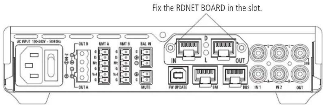 Fix the RDNET BOARD in the slot. AC INPUT 100-240V - 50kHz OUT B RMT A RMT B BAL IN IN D L OUT SUB OUT A G IS Mt G Vo I G G MUTE FW UPDATE 8M BUS IN 1 IN 2 OUT