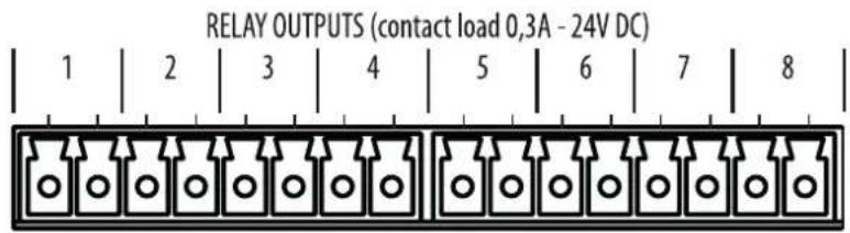 RELAY OUTPUTS (contact load 0,3A - 24V DC) 1 | 2 | 3 | 4 | 5 | 6 | 7 | 8 |