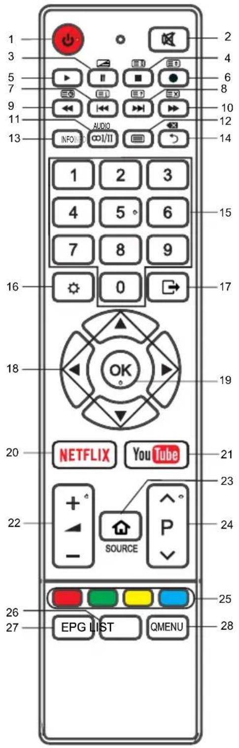 1 2 3 4 5 6 7 8 9 10 11 AUDIO 12 13 INFO/11 1 2 3 4 5 6 7 8 9 0 15 16 17 18 19 20 NETFLIX YouTube 21 22 + - SOURCE 23 24 25 26 EPG LIST QMENU 27