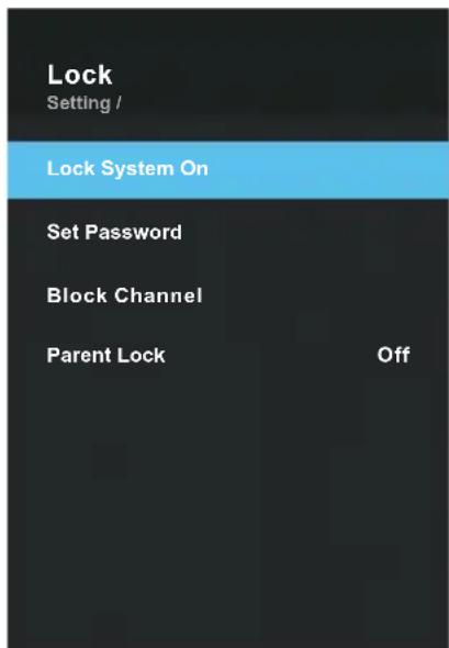 Lock Setting / Lock System On Set Password Block Channel Parent Lock Off
