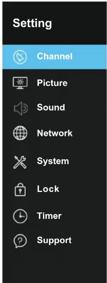 Setting Channel Picture Sound Network System Lock Timer Support