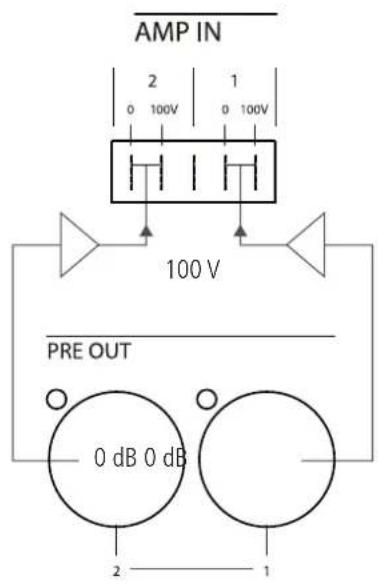 AMP IN 2 0 100V 1 0 100V 100 V PRE OUT 0 dB 0 dB 2 1