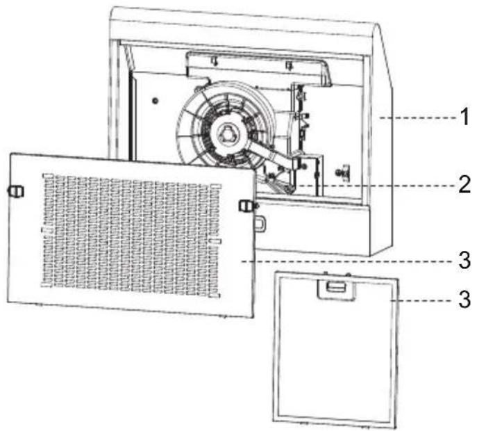 Technical diagram of a device with labeled parts, showing internal components and structural layout